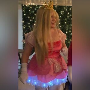 Pink Princess Peach Adult Costume!Pink dress w/gold crown &matching pink jacket